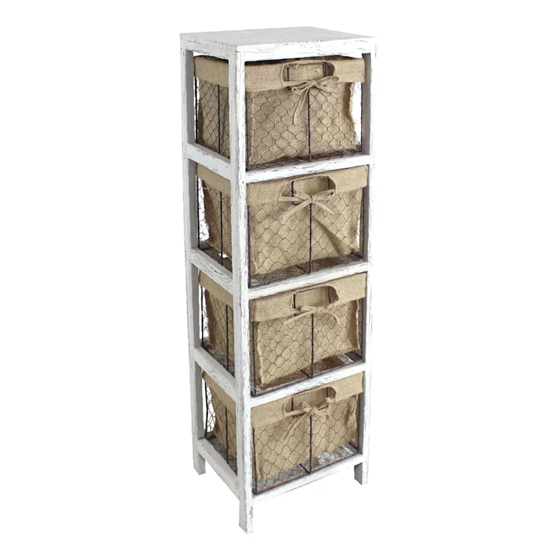 4-Tier White Wooden Shelf With Wire Baskets 3 4-Tier White Wooden Shelf With Wire Baskets