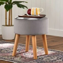 Emmy Grey Velvet Round Wood Leg Ottoman -Furniture Series Sale emmy grey velvet round wood leg ottoman 4