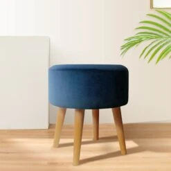 Emmy Navy Blue Velvet Round Wood Leg Ottoman -Furniture Series Sale emmy navy blue velvet round wood leg ottoman 4