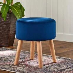 Emmy Navy Blue Velvet Round Wood Leg Ottoman -Furniture Series Sale emmy navy blue velvet round wood leg ottoman 5