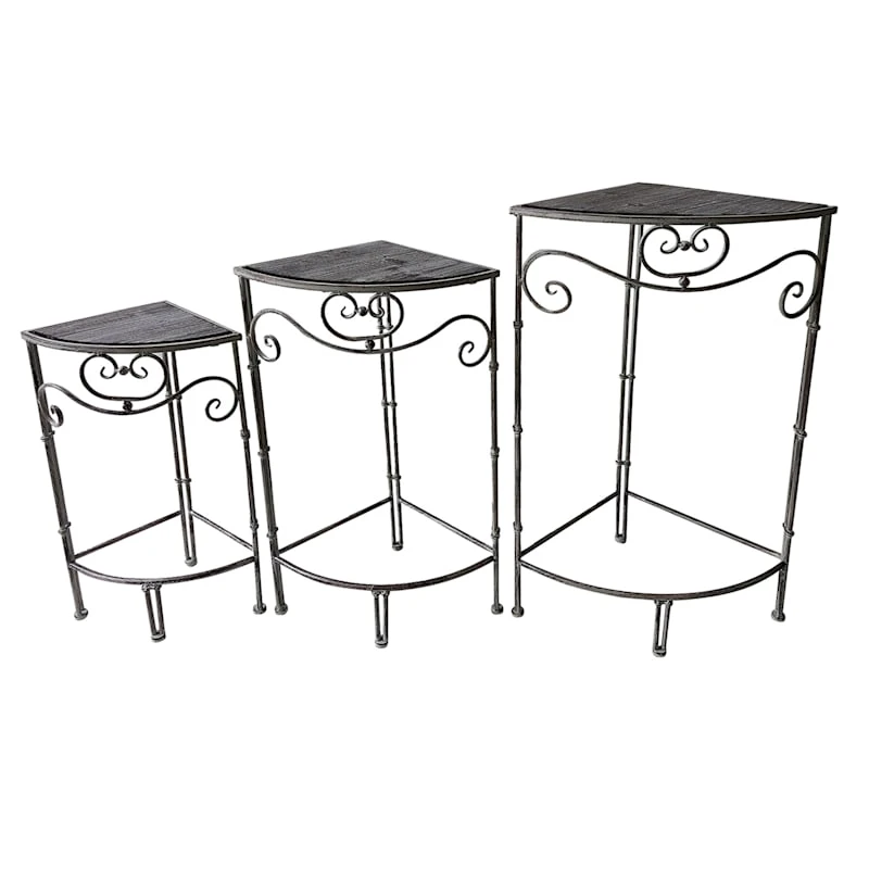 Fan Shaped Wood Top Plant Stand With Rustic Double Tube Metal Leg, Medium 3 Fan Shaped Wood Top Plant Stand With Rustic Double Tube Metal Leg, Medium