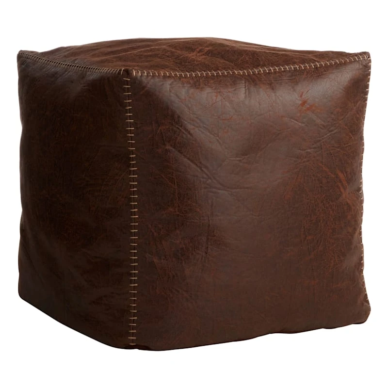 Honeybloom Faux Leather Brown Pouf With Baseball Stitch 3 Honeybloom Faux Leather Brown Pouf With Baseball Stitch
