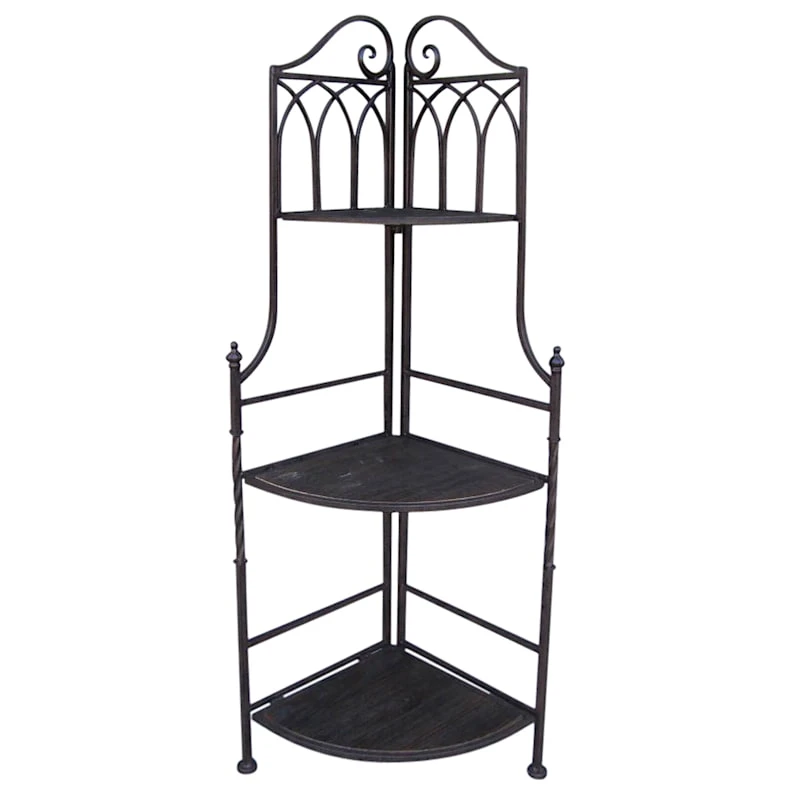 Metal Corner Rack With Brown Decorative Arch & Folding Wood-Top Shelves, 47" 3 Metal Corner Rack With Brown Decorative Arch & Folding Wood-Top Shelves, 47"