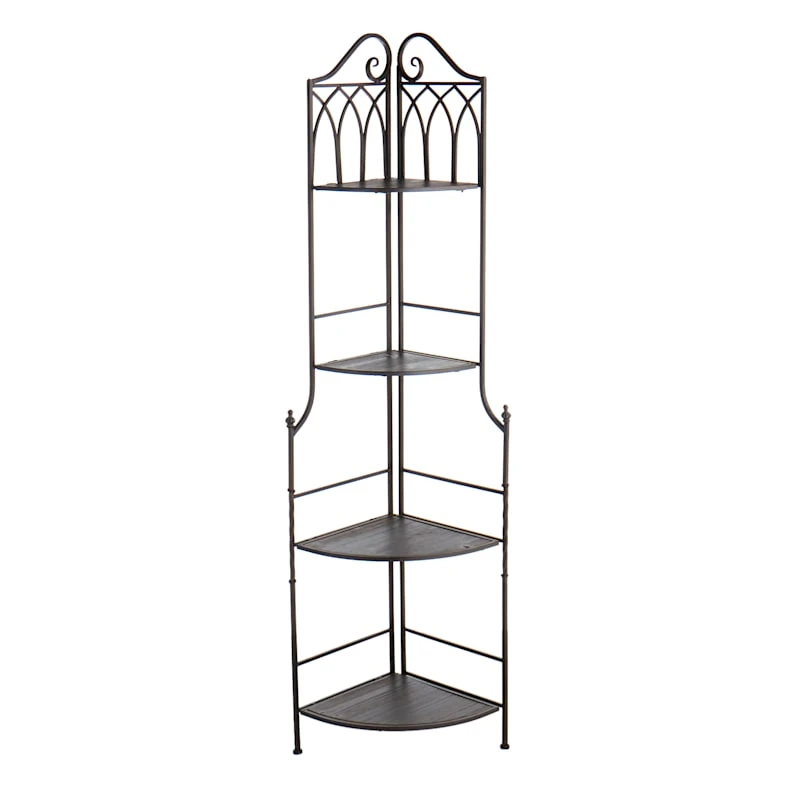 Metal Corner Rack With Brown Decorative Arch & Folding Wood-Top Shelves, 63" 4 Metal Corner Rack With Brown Decorative Arch & Folding Wood-Top Shelves, 63" - Image 2