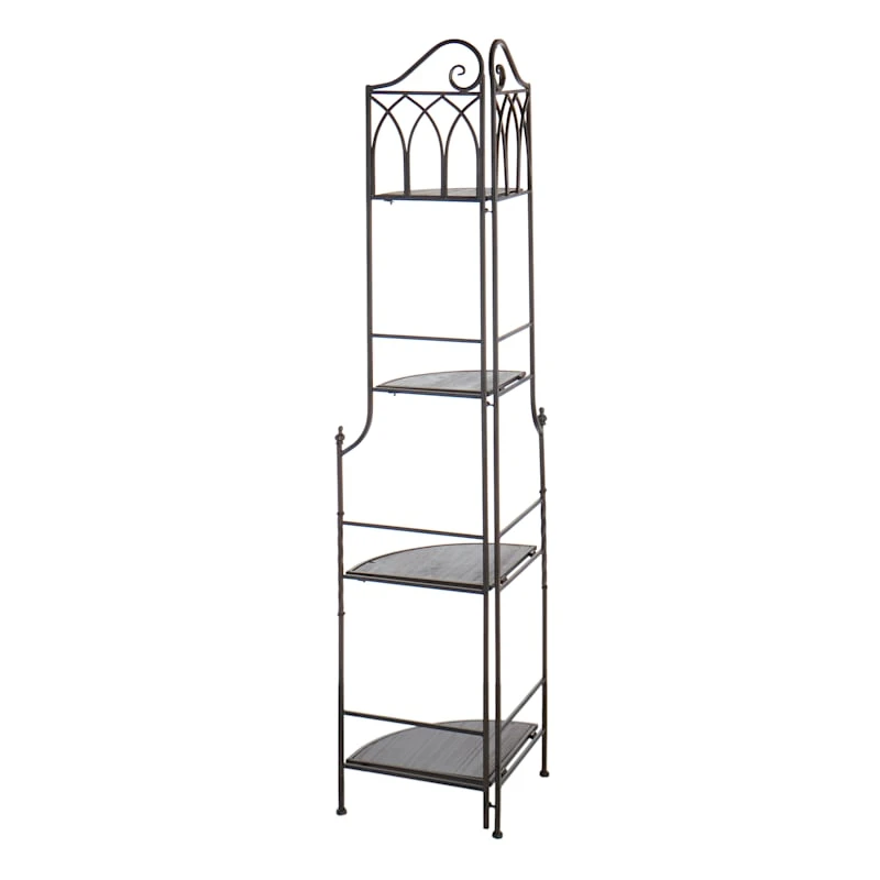 Metal Corner Rack With Brown Decorative Arch & Folding Wood-Top Shelves, 63" 5 Metal Corner Rack With Brown Decorative Arch & Folding Wood-Top Shelves, 63" - Image 3