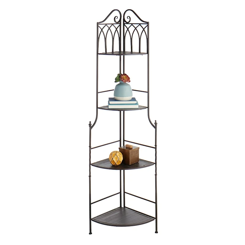 Metal Corner Rack With Brown Decorative Arch & Folding Wood-Top Shelves, 63" 8 Metal Corner Rack With Brown Decorative Arch & Folding Wood-Top Shelves, 63" - Image 6