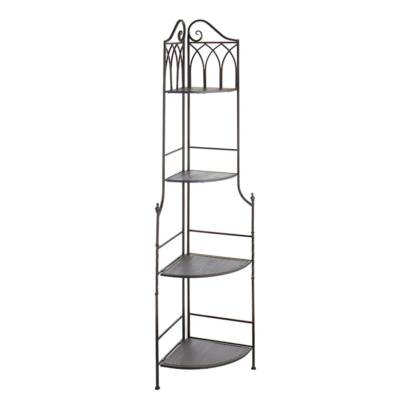 Metal Corner Rack With Brown Decorative Arch & Folding Wood-Top Shelves, 63" 3 Metal Corner Rack With Brown Decorative Arch & Folding Wood-Top Shelves, 63"