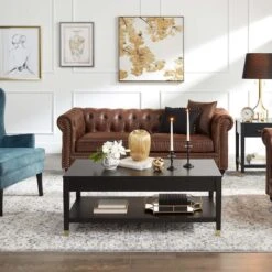 Providence Chesterfield Brown Faux Leather Tufted Sofa, 79" -Furniture Series Sale providence chesterfield brown faux leather tufted sofa 79 7