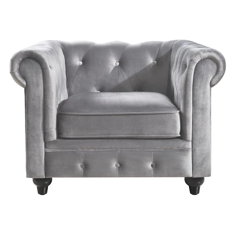 Providence Chesterfield Tufted Grey Velvet Rolled Armchair 4 Providence Chesterfield Tufted Grey Velvet Rolled Armchair - Image 2