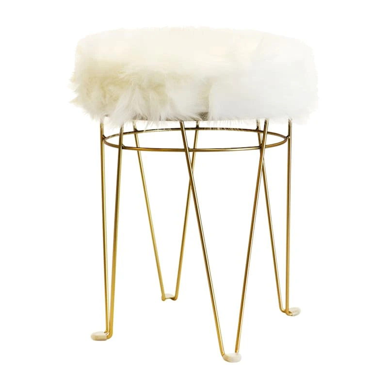 Rion White Faux Fur & Gold Vanity Stool 3 Rion White Faux Fur & Gold Vanity Stool