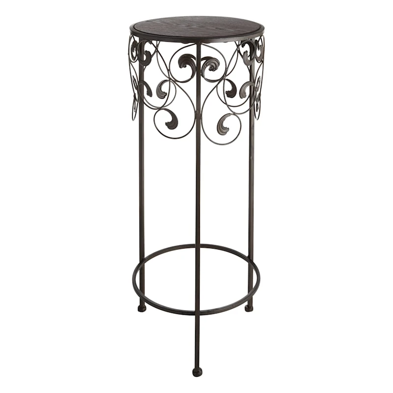 Round Wood Top With Scroll Metal Plant Stand, Large 3 Round Wood Top With Scroll Metal Plant Stand, Large